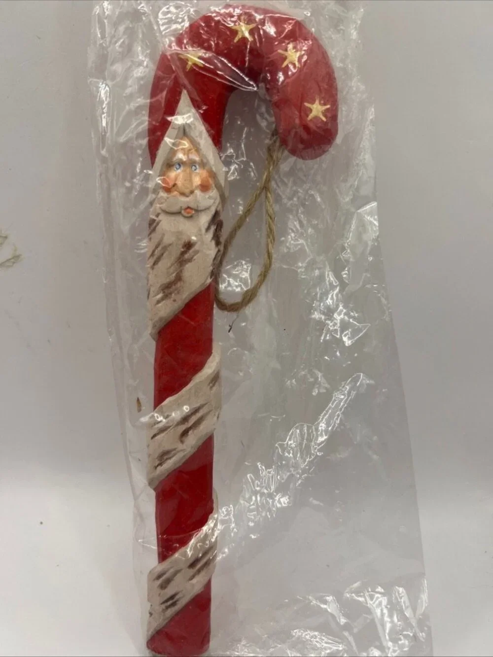 New Vtg Candy Cane Santa Face Ornament Wood Carved 7” Long In Pkg